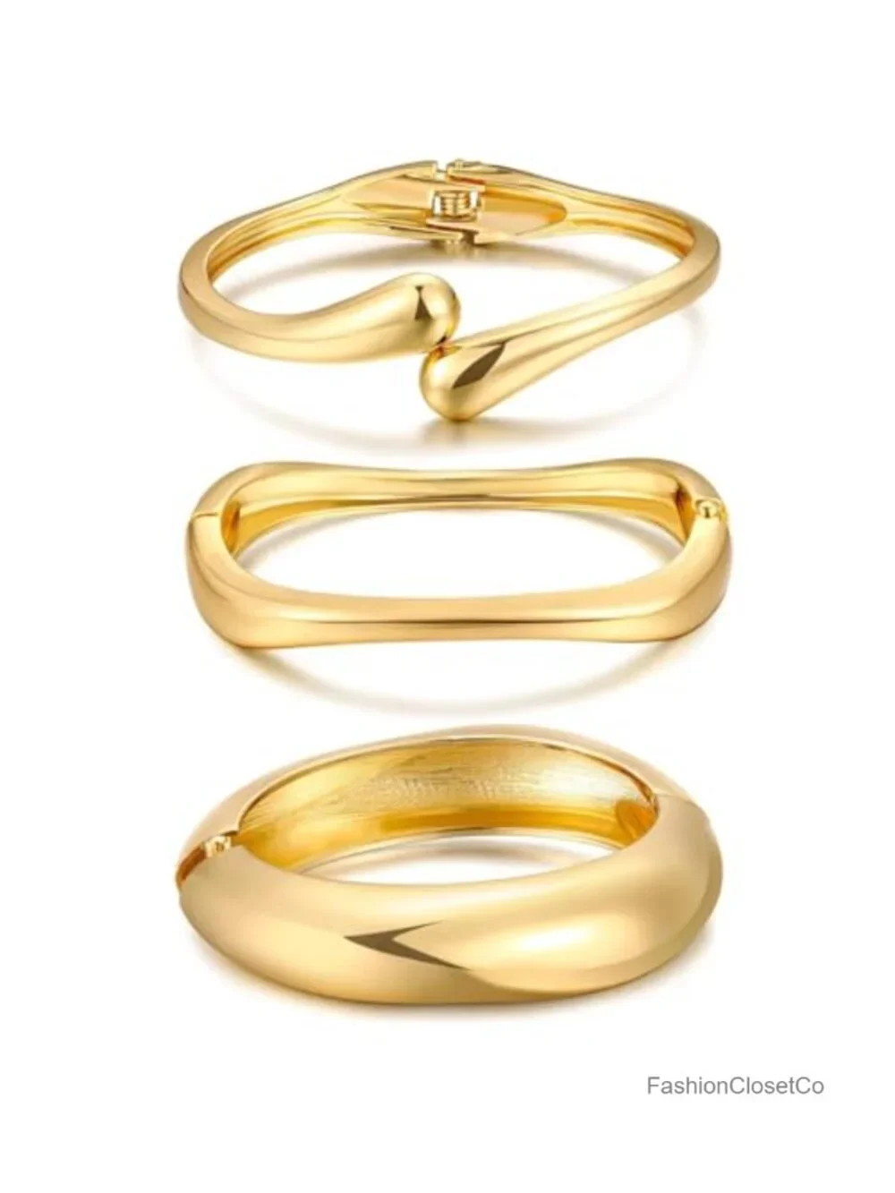 14K Gold Plated Stackable Open Cuff Bangle Bracelet Set, Adjustable Link